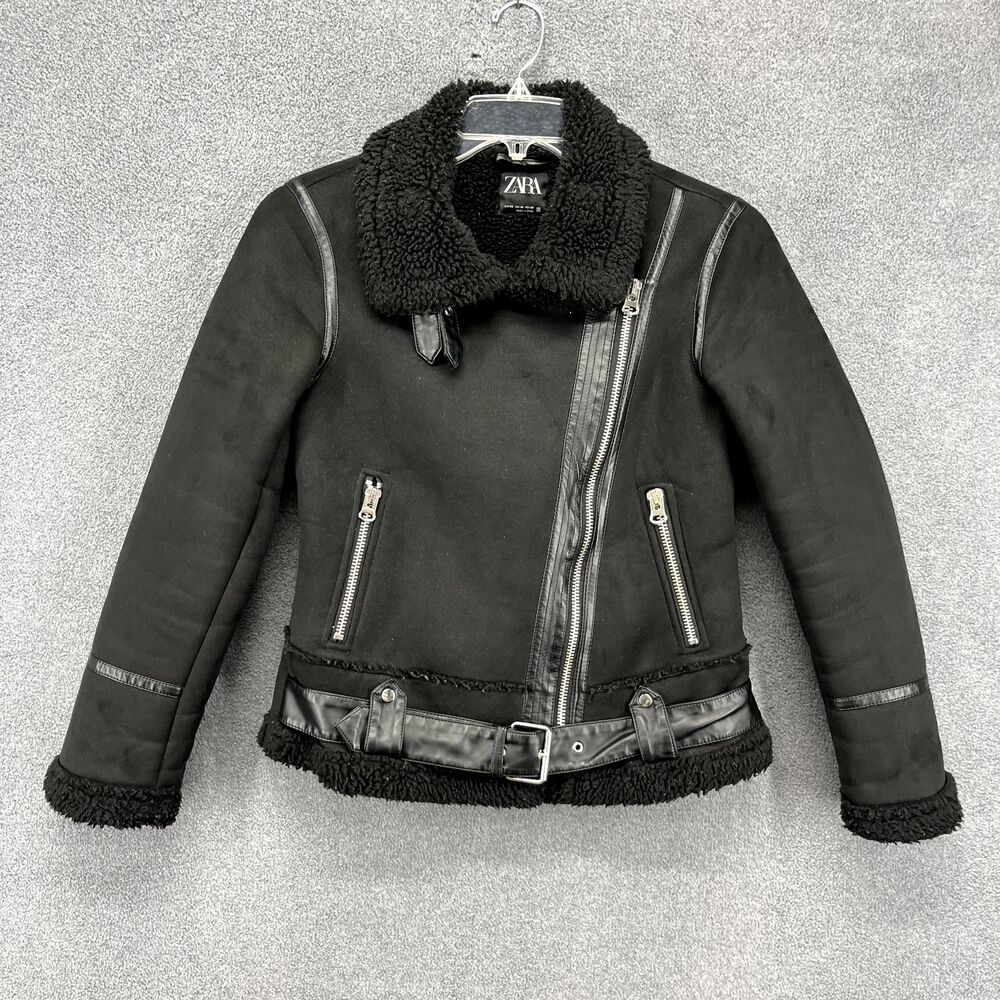 Zara Motorcycle Jacket Women XS Black Black Double Sided Strap Faux Suede Fleece - Picture 1 of 16